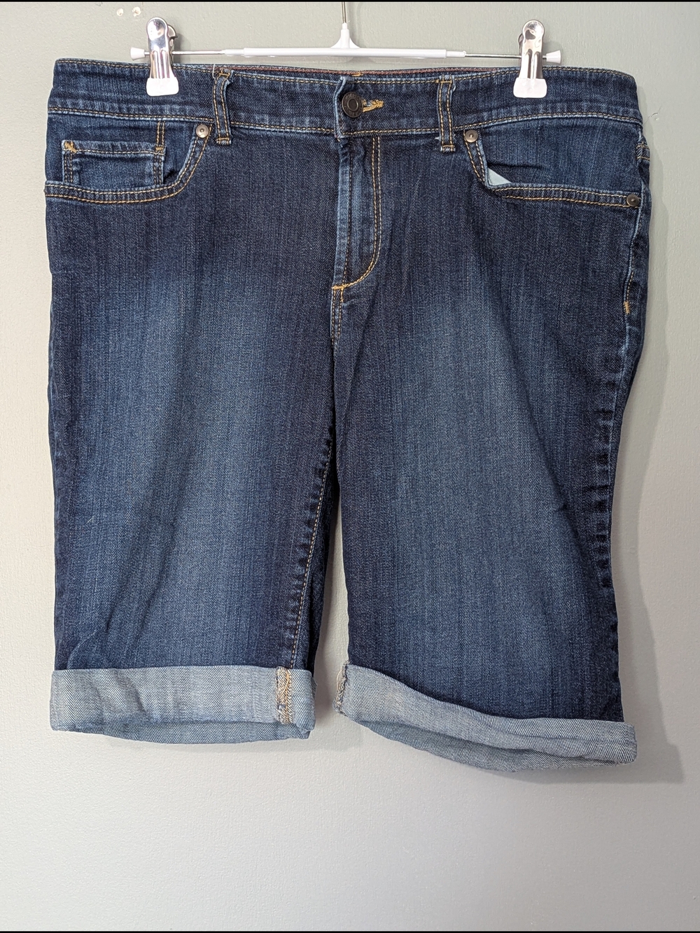 Eddie Bauer Women's Slightly Curvy Dark Wash Bermuda Shorts Rolled Hem